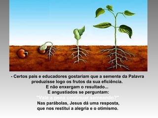 - Certos pais e educadores gostariam que a semente da Palavra
produzisse logo os frutos da sua eficiência.
E não enxergam o resultado...
E angustiados se perguntam:
"Vale a pena continuar semeando?"
Nas parábolas, Jesus dá uma resposta,
que nos restitui a alegria e o otimismo.
 