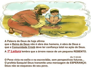 A Palavra de Deus de hoje afirma
que o Reino de Deus não é obra dos homens, é obra de Deus e
que a Comunidade Cristã deve ter confiança total na ação de Deus.
A 1ª Leitura lembra que a árvore nasce de um pequeno REBENTO.
(Ez 17,22-24)
O Povo vivia no exílio e na escravidão, sem perspectivas futuras...
O profeta Ezequiel Deus transmite uma mensagem de ESPERANÇA:
Deus não se esqueceu do seu povo.
 