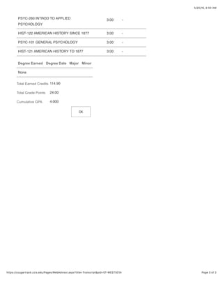 5/25/16, 8:50 AM
Page 3 of 3https://cougartrack.ccis.edu/Pages/WebAdvisor.aspx?title=Transcript&pid=ST-WESTS01A
PSYC-260 INTROD TO APPLIED
PSYCHOLOGY
3.00 -
HIST-122 AMERICAN HISTORY SINCE 1877 3.00 -
PSYC-101 GENERAL PSYCHOLOGY 3.00 -
HIST-121 AMERICAN HISTORY TO 1877 3.00 -
Degree Earned Degree Date Major Minor
None
Total Earned Credits 114.90
Total Grade Points 24.00
Cumulative GPA 4.000
OK
 