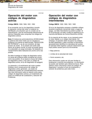 36 SSBU7902-02
Sección de Operación
Diagnóstico del motor
i01811042
Operación del motor con
códigos de diagnóstico
activos
Código SMCS: 1000; 1900; 1901; 1902
Si se enciende una luz de diagnóstico durante
la operación normal del motor, el sistema ha
identiﬁcado una situación que no cumple con la
especiﬁcación. Use las herramientas electrónicas de
servicio Caterpillar para comprobar los códigos de
diagnóstico activos.
Nota: El módulo de control electrónico (ECM) limitará
la potencia del motor hasta que se resuelva el
problema si el cliente ha seleccionado “REDUCCION
DE POTENCIA” y se da una condición de baja
presión de aceite . Si la presión del aceite está
dentro de la gama normal, el motor se puede operar
a la velocidad y la carga nominales. No obstante, el
mantenimiento debe realizarse tan pronto como sea
posible.
Se debe investigar el código de diagnóstico activo.
La causa del problema debe corregirse tan pronto
como sea posible. Si se repara la causa del código
de diagnóstico activo y hay sólo un código de
diagnóstico activo, la luz de diagnóstico se apagará.
La operación y el rendimiento del motor pueden
limitarse como consecuencia del código de
diagnóstico activo generado. Las tasas de
aceleración pueden ser considerablemente menores.
Vea más información sobre la relación entre estos
códigos de diagnóstico activos y el rendimiento del
motor en el Manual de Localización y Solución de
Problemas.
i01478408
Operación del motor con
códigos de diagnóstico
intermitentes
Código SMCS: 1000; 1900; 1901; 1902
Si la luz de diagnóstico empieza a destellar códigos
durante la operación normal del motor y luego se
apaga, una falla intermitente ha podido suceder. Si
se ha producido una falla, la falla se registrará en la
memoria del Módulo de Control Electrónico (ECM).
En la mayoría de los casos, no es necesario parar
el motor debido a un código intermitente. Sin
embargo, el operador debe recuperar los códigos
de falla registrados y debe consultar la información
apropiada para identiﬁcar la naturaleza del suceso.
El operador debe registrar cualquier observación que
haya podido causar que la luz se encienda.
• Baja potencia
• Límites de la velocidad del motor
• Humo excesivo, etc.
Esta información puede ser útil para facilitar la
localización y solución de problemas. La información
se puede usar también para referencia futura. Para
obtener mayor información sobre los códigos de
diagnóstico, consulte la Guía de localización y
solución de problemas para este motor.
 