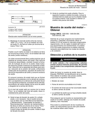 SSBU7902-02 73
Sección de Mantenimiento
Muestra de aceite del motor - Obtener
g00110310
Ilustración 38
(Y) Marca “ADD” (Añadir)
(X) Marca “FULL” (Lleno)
ATENCION
Efectúe este mantenimiento con el motor parado.
1. Mantenga el nivel del aceite entre las marcas
“ADD” (Y) y “FULL” (X) en el medidor de nivel
de aceite (1). No llene el cárter por encima de la
marca “FULL” (X).
ATENCION
Pueden ocurrir daños al motor si el sistema se llena
por encima de la marca “FULL” en el medidor del nivel
de aceite (varilla medidora).
Un cárter excesivamente lleno puede propiciar que el
cigüeñal se sumerja dentro del aceite. Esto reducirá
la potencia desarrollada y también forzará la forma-
ción de burbujas de aire en el aceite. Estas burbu-
jas (espuma) pueden ocasionar los siguientes proble-
mas: reducción de la capacidad del aceite para lubri-
car, reducción de la presión del aceite, enfriamiento
inadecuado de los pistones, expulsión de aceite a tra-
vés de los respiraderos del cárter y consumo excesivo
de aceite.
El consumo excesivo de aceite hará que se formen
depósitos en los pistones y en la cámara de combus-
tión. Los depósitos en la cámara de combustión llevan
a los siguientes problemas: acanalado de las válvulas,
acumulación de carbón debajo de los aros de pistón
y desgaste de la camisa del cilindro.
Si el nivel del aceite está por encima de la marca
“FULL” en el medidor del nivel del aceite, drene in-
mediatamente parte del aceite.
2. Quite la tapa de llenado de aceite (2) y añada
aceite, si es necesario. Vea el aceite correcto
que se debe usar en este Manual de Operación
y Mantenimiento, “Capacidades de llenado y
Recomendaciones” (sección de mantenimiento).
No llene el cárter por encima de la marca “FULL”
(lleno) (X) en el medidor de nivel del aceite.
Limpie la tapa de llenado de aceite. Instale la tapa
de llenado de aceite.
3. Anote la cantidad de aceite añadida. Para la
siguiente muestra y análisis de aceite, incluya la
cantidad total de aceite que se ha añadido desde
la muestra anterior. Esto ayudará a obtener un
análisis más preciso del aceite.
i01952319
Muestra de aceite del motor -
Obtener
Código SMCS: 1000-008; 1348-554-SM;
7542-554-OC, SM
Además de un buen programa de mantenimiento
preventivo, Caterpillar recomienda utilizar el
análisis S·O·S de aceite en intervalos programados
regularmente, a ﬁn de vigilar el estado del motor y
sus requerimientos de mantenimiento. El análisis
S·O·S de aceite proporciona el análisis infrarrojo
necesario para determinar los niveles de nitración
y de oxidación.
Obtención y análisis de la muestra
El aceite caliente y los componentes calientes
pueden producir lesiones personales. No permita
que el aceite o los componentes calientes toquen
la piel.
Antes de tomar la muestra de aceite, llene la
Etiqueta, PEEP5031 de identiﬁcación de la muestra.
Para obtener el análisis más preciso posible,
proporcione la siguiente información:
• Modelo de motor
• Horas de servicio acumuladas en el motor
• El número de horas que se han acumulado desde
el último cambio de aceite
• La cantidad de aceite que se haya añadido desde
el último cambio de aceite
Para asegurar que la muestra es representativa del
aceite en el cárter, obtenga una muestra de aceite
caliente y bien mezclada.
Para evitar la contaminación de las muestras de
aceite, los instrumentos que se usan para obtener
las muestras deben estar limpios.
 