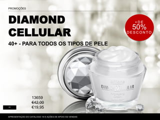 P. 80-81
PROMOÇÕES
15
APRESENTAÇÃO DO CATÁLOGO 16 E AÇÕES DE APOIO ÀS VENDAS
DIAMOND
CELLULAR
40+ - PARA TODOS OS TIPOS DE PELE
13659
€42,00
€19,95
+ D E
50%
D E S C O N T O
 