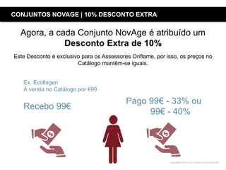 Copyright ©2015 by Oriflame Cosmetics SA
Agora, a cada Conjunto NovAge é atribuído um
Desconto Extra de 10%
Este Desconto é exclusivo para os Assessores Oriflame, por isso, os preços no
Catálogo mantêm-se iguais.
Recebo 99€
Pago 99€ - 33% ou
99€ - 40%
Ex. Ecollagen
À venda no Catálogo por €99
CONJUNTOS NOVAGE | 10% DESCONTO EXTRA
 