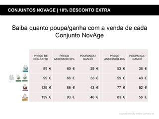Copyright ©2015 by Oriflame Cosmetics SA
Saiba quanto poupa/ganha com a venda de cada
Conjunto NovAge
PREÇO DE
CONJUNTO
PREÇO
ASSESSOR 33%
POUPANÇA /
GANHO
PREÇO
ASSESSOR 40%
POUPANÇA /
GANHO
89 € 60 € 29 € 53 € 36 €
99 € 66 € 33 € 59 € 40 €
129 € 86 € 43 € 77 € 52 €
139 € 93 € 46 € 83 € 56 €
CONJUNTOS NOVAGE | 10% DESCONTO EXTRA
 