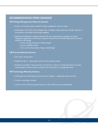 11
RECOMMENDATIONS FROM COGNIZANT
HR Change Management Maturity Actions:
 Assess current state using a standard change management maturity model
 Identify gaps in the three major change areas—strategic change leadership, change readiness of
the business, and project level change capability
 Identify and implement a change model that fits your organization’s strategy and culture;
Cognizant’s experience is that many companies choose one of the following standard maturity
models for HR change:
 Kotter’s 8 step process for leading change7
 Prosci’s ADKAR model8
 Kurt Lewin’s three phases change methodology9
HR Process Maturity Actions:
 Start with a strong vision
 Identify the top 5 – 10 processes with the most business impact
 Question everything; “best practices” are there for a reason, so really push back on process
customizations to ensure they are relevant and contribute to an integrated whole
HR Technology Maturity Actions:
 Understand how technology and process work together—integrated systems are key
 Create a technology roadmap
 Use the move to HR cloud-based systems to inform HR process standardization
 