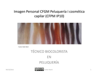 Imagen Personal CFGM Peluquería i cosmética
capilar (CFPM IP10)
TÉCNICO BIOCOLORISTA
EN
PELUQUERÍA
09/10/2016 Esther Martí
Fuente: Esther Martí
1
 