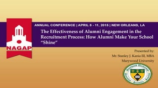 The Effectiveness of Alumni Engagement in the
Recruitment Process: How Alumni Make Your School
“Shine”
Presented by:
Mr. Stanley J. Kania III, MBA
Marywood University
 