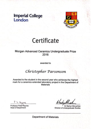 Morgan Advanced Ceramics Certificate