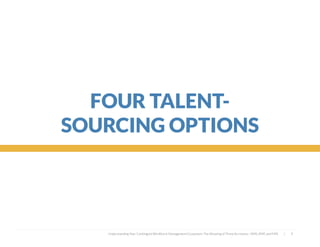  
FOUR TALENT-
SOURCING OPTIONS
Understanding Your Contingent Workforce Management Ecosystem; The Meaning of Three Acronyms—VMS, MSP, and FMS | 9
 