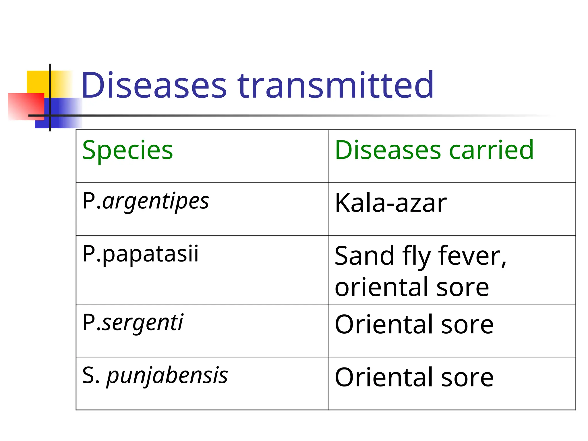 Diseases transmitted
Species Diseases carried
P.argentipes Kala-azar
P.papatasii Sand fly fever,
oriental sore
P.sergenti Oriental sore
S. punjabensis Oriental sore
 