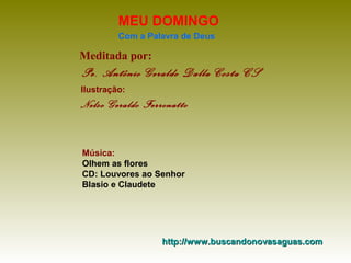 Meditada por:
Pe. Antônio Geraldo Dalla Costa CS
MEU DOMINGO
Com a Palavra de Deus
http://www.buscandonovasaguas.comhttp://www.buscandonovasaguas.com
Ilustração:
Nelso Geraldo Ferronatto
Música:
Olhem as flores
CD: Louvores ao Senhor
Blasio e Claudete
 