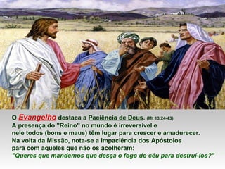 O Evangelho destaca a Paciência de Deus. (Mt 13,24-43)
A presença do "Reino" no mundo é irreversível e
nele todos (bons e maus) têm lugar para crescer e amadurecer.
Na volta da Missão, nota-se a Impaciência dos Apóstolos
para com aqueles que não os acolheram:
"Queres que mandemos que desça o fogo do céu para destruí-los?"
 