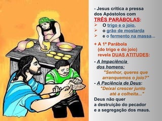 - Jesus critica a pressa
dos Apóstolos com
TRÊS PARÁBOLAS:
 O trigo e o joio,
 o grão de mostarda
 e o fermento na massa...
+ A 1ª Parábola
(do trigo e do joio)
revela DUAS ATITUDES:
- A Impaciência
dos homens:
"Senhor, queres que
arranquemos o joio?"
- A Paciência de Deus:
"Deixai crescer junto
até a colheita..."
Deus não quer
a destruição do pecador
e a segregação dos maus.
 