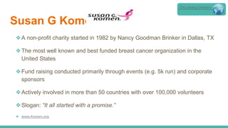 ❖A non-profit charity started in 1982 by Nancy Goodman Brinker in Dallas, TX
❖The most well known and best funded breast cancer organization in the
United States
❖Fund raising conducted primarily through events (e.g. 5k run) and corporate
sponsors
❖Actively involved in more than 50 countries with over 100,000 volunteers
❖Slogan: “It all started with a promise.”
❖ www.Komen.org
Susan G Komen
The Lansing Company
 