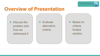 Overview of Presentation
The Lansing Company
❖ Discuss the
problem and
how we
addressed it
❖ Evaluate
alternative
criteria
❖ Based on
criteria,
finalize
solution
 