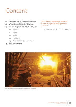 03
Content
02	 Raising the Bar for Responsible Business
04	 What is Human Rights Due Diligence?
07	 Implementing Human Rights Due Diligence
	 08	 Commit
	 10	 Assess
	 12	 Adapt
	 14	 Collaborate
	 17	 Measure, Report and Communicate
19	 Tools and Resources
A Guide to Human Rights Due Diligence
in Global Supply Chains
”IEH offers a systematic approach
to human rights due diligence in
practice”
Øyvind Briså, Company Director in The BAMA Group
Steel plant located in Alexandria that employs more than 2000 skilled workers.
©InternationalLabourOrganization/CrozetM.
 