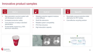 Innovative product samples
 New generation cup-lock system with
self-developed co-extrusion
 Increased production safety
 Cost reduction vs today’s standard
specification
 Sustainability support (e.g. 50%
aluminum reduction)
 Reliable protection against moisture
cross-diffusion
 Shelf life extensions
 Reliable system compatibility
 PVC-free structure
 High absorption capacity
 Recyclable pressure-sensitive label
alternative for PET bottles
 Cost-effective recycling solution
DieCut DryFoil SpearRC
19
 