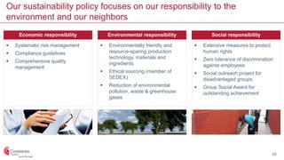 29
Our sustainability policy focuses on our responsibility to the
environment and our neighbors
 Systematic risk management
 Compliance guidelines
 Comprehensive quality
management
 Environmentally friendly and
resource-sparing production
technology, materials and
ingredients
 Ethical sourcing (member of
SEDEX)
 Reduction of environmental
pollution, waste & greenhouse
gases
 Extensive measures to protect
human rights
 Zero tolerance of discrimination
against employees
 Social outreach project for
disadvantaged groups
 Group Social Award for
outstanding achievement
Economic responsibility Social responsibilityEnvironmental responsibility
 