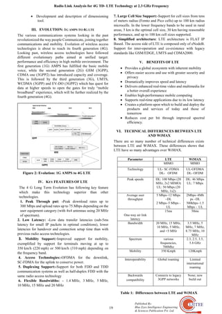 Radio Link Analysis for 4G TD- LTE Technology at 2.3 GHz Frequency
19
Published By:
Blue Eyes Intelligence Engineering
& Sciences Publication Pvt. Ltd.
• Development and description of dimensioning
tool.
III. EVOLUTION: 1G AMPS TO 4G LTE
The various communications systems looking in the past
revolutionized the way people Communicate, joining together
communications and mobility. Evolution of wireless access
technologies is about to reach its fourth generation (4G).
Looking past, wireless access technologies have followed
different evolutionary paths aimed at unified target:
performance and efficiency in high mobile environment. The
first generation (1G) AMPS has fulfilled the basic mobile
voice, while the second generation (2G) GSM (3GPP),
CDMA one (3GPP2) has introduced capacity and coverage.
This is followed by the third generation (3G), UMTS,
WCDMA (3GPP) and EV-DO (3GPP2) which has quest for
data at higher speeds to open the gates for truly “mobile
broadband” experience, which will be further realized by the
fourth generation (4G).
Figure 2: Evolution: 1G AMPS to 4G LTE
IV. KEY FEATURES OF LTE
The 4 G Long Term Evolution has following key feature
which make this technology superior than other
technologies.
1. Peak Through put: -Peak download rates up to
300 Mbps and upload rates up to 75.Mbps depending on the
user equipment category (with 4x4 antennas using 20 MHz
of spectrum).
2. Low Latency: -Low data transfer latencies (sub-5ms
latency for small IP packets in optimal conditions), lower
latencies for handover and connection setup time than with
previous radio access technologies.
3. Mobility Support:-Improved support for mobility,
exemplified by support for terminals moving at up to
350 km/h (220 mph) or 500 km/h (310 mph) depending on
the frequency band.
4. Access Technologies:-OFDMA for the downlink,
SC-FDMA for the uplink to conserve power.
5. Duplexing Support:-Support for both FDD and TDD
communication systems as well as half-duplex FDD with the
same radio access technology
6. Flexible Bandwidths: - 1.4 MHz, 3 MHz, 5 MHz,
10 MHz, 15 MHz and 20 MHz
7. Large Cell Size Support:-Support for cell sizes from tens
of meters radius (Femto and Pico cells) up to 100 km radius
microcells. In the lower frequency bands to be used in rural
areas, 5 km is the optimal cell size, 30 km having reasonable
performance, and up to 100 km cell sizes supported.
8. Simplified architecture: LTE architecture is FLAT IP
Based. The access side of LTE is composed only of eNodeB.
Support for inter-operation and co-existence with legacy
standards like GSM/EDGE, UMTS and CDMA2000.
V. BENEFITS OF LTE
• Provides a global ecosystem with inherent mobility
• Offers easier access and use with greater security and
privacy
• Dramatically improves speed and latency
• Delivers enhanced real-time video and multimedia for
a better overall experience
• Enables high-performance mobile computing
• Supports real-time applications due to its low latency
• Creates a platform upon which to build and deploy the
products and services of today and those of
tomorrow
• Reduces cost per bit through improved spectral
efficiency.
VI. TECHNICAL DIFFERENCES BETWEEN LTE
AND WiMAX
There are so many number of technical differences exists
between LTE and WiMAX. These differences shows that
LTE have so many advantages over WiMAX.
Table 1: Differences between LTE and WiMAX
Parameter LTE WiMAX
Parameters MIMO MIMO
Technology UL- SC-FDMA
DL- OFDM
UL-OFDMA
DL- OFDM
Peak speeds DL: 100 Mbps (20
MHz, 2x2 MIMO)
UL: 50 Mbps (20
MHz, 1x2)
DL: 46 Mbps
UL: 7 Mbps
Average user
throughput
5 Mbps–12 Mbps
–DL
2 Mbps–5 Mbps -
UL
2Mbps–4Mb
ps –DL
500kbps–1.5
Mbps - UL
One-way air link
latency
15ms 50ms
Bandwidth 20 MHz, 15 MHz,
10 MHz, 5 MHz,
and <5 MHz
3.5 MHz, 5
MHz, 7 MHz,
8.75 MHz, 10
MHz
Spectrum various
frequencies,
700Mhz
2.3, 2.5, 3.5,
5.8 GHz
Mobility 350 Kmph 120Kmph
Interoperability Global roaming Limited
international
roaming
Backwards
compatibility
Connects to legacy
3GPP networks
None; new
build out
 