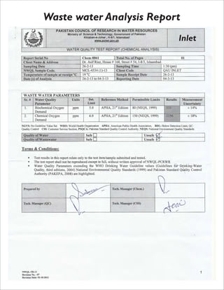 Waste water Analysis Report
Inlet
 