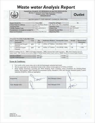 Waste water Analysis Report
Outlet
 