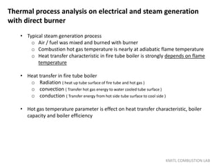Thermal process analysis on electrical and steam generation
with direct burner
KMITL COMBUSTION LAB
• Typical steam generation process
o Air / fuel was mixed and burned with burner
o Combustion hot gas temperature is nearly at adiabatic flame temperature
o Heat transfer characteristic in fire tube boiler is strongly depends on flame
temperature
• Heat transfer in fire tube boiler
o Radiation ( heat up tube surface of fire tube and hot gas )
o convection ( Transfer hot gas energy to water cooled tube surface )
o conduction ( Transfer energy from hot side tube surface to cool side )
• Hot gas temperature parameter is effect on heat transfer characteristic, boiler
capacity and boiler efficiency
 