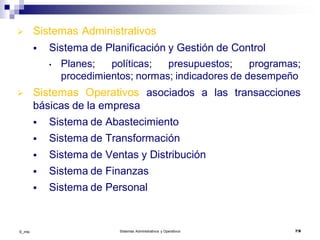 ©_mta Sistemas Administrativos y Operativos 7/9
 Sistemas Administrativos asociados a la toma de d
 Sistema de Planificación y Gestión de Control
• Planes; políticas; presupuestos; programas;
procedimientos; normas; indicadores de desempeño
 Sistemas Operativos asociados a las transacciones
básicas de la empresa
 Sistema de Abastecimiento
 Sistema de Transformación
 Sistema de Ventas y Distribución
 Sistema de Finanzas
 Sistema de Personal
 
