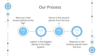 Our Process
Mercury is the
closest planet to the
Sun
Venus is the second
planet from the Sun
Jupiter is the biggest
planet in the Solar
System
Neptune is the
farthest planet from
the Sun
Day
1
Day
2
Day
3
Day
4
 