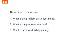 Three parts to the session
A. What is the problem that needs fixing?
B. What is the proposed solution?
C. What related wor...