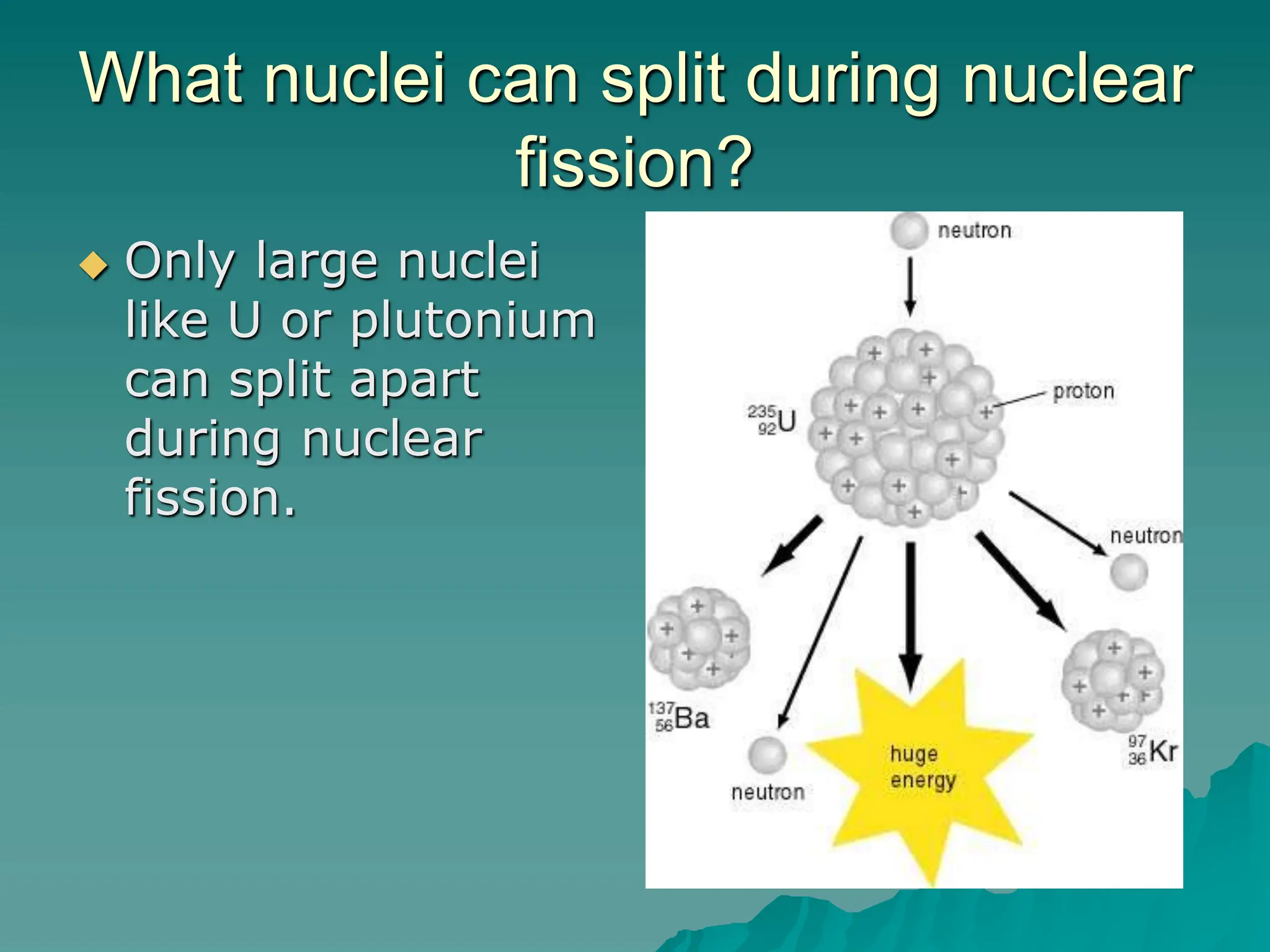 What nuclei can split during nuclear
fission?
 Only large nuclei
like U or plutonium
can split apart
during nuclear
fission.
 