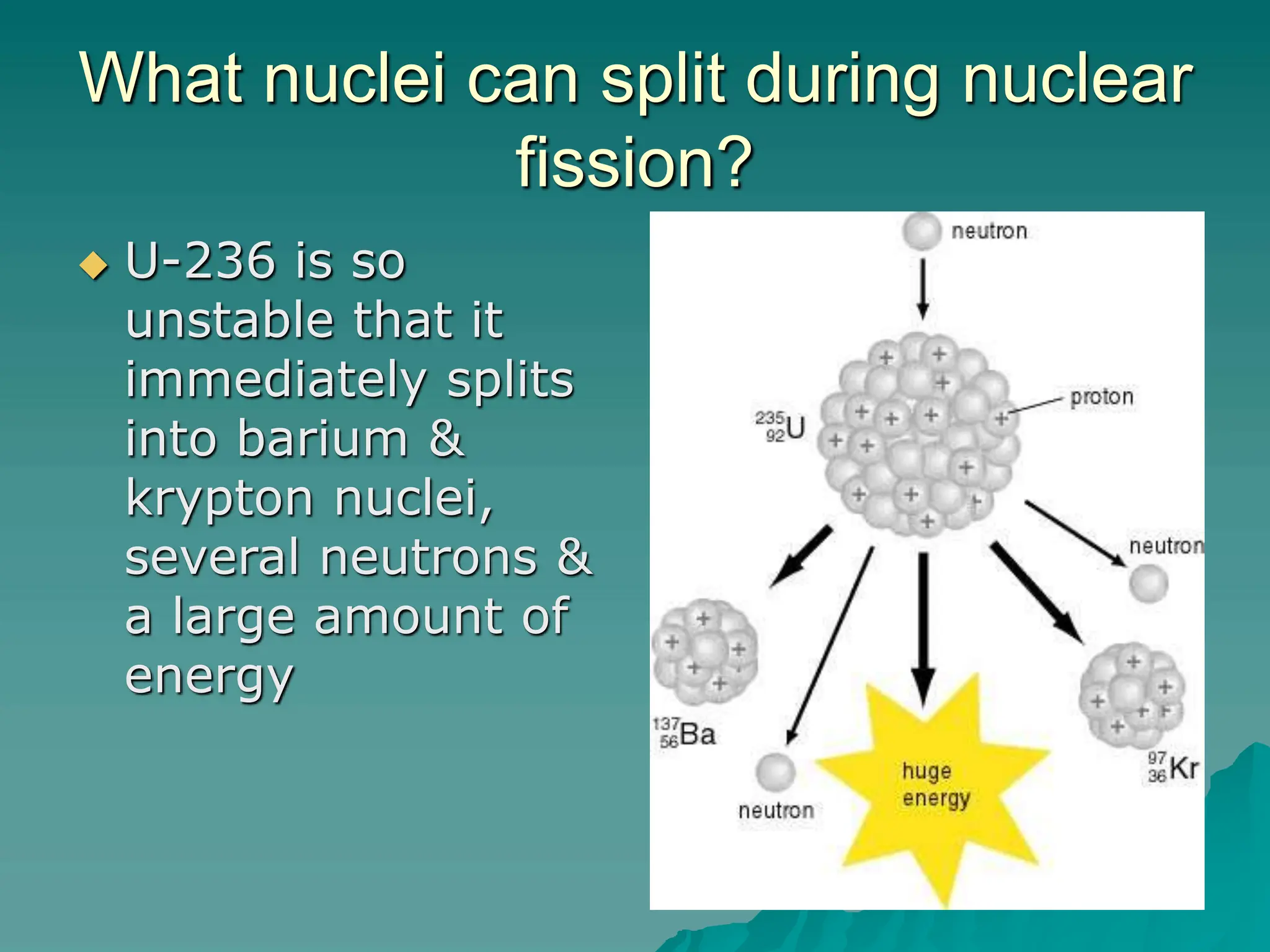 What nuclei can split during nuclear
fission?
 U-236 is so
unstable that it
immediately splits
into barium &
krypton nuclei,
several neutrons &
a large amount of
energy
 
