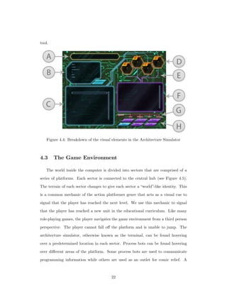 tool.
Figure 4.4: Breakdown of the visual elements in the Architecture Simulator
4.3 The Game Environment
The world inside the computer is divided into sectors that are comprised of a
series of platforms. Each sector is connected to the central hub (see Figure 4.5).
The terrain of each sector changes to give each sector a “world”-like identity. This
is a common mechanic of the action platformer genre that acts as a visual cue to
signal that the player has reached the next level. We use this mechanic to signal
that the player has reached a new unit in the educational curriculum. Like many
role-playing games, the player navigates the game environment from a third person
perspective. The player cannot fall oﬀ the platform and is unable to jump. The
architecture simulator, otherwise known as the terminal, can be found hovering
over a predetermined location in each sector. Process bots can be found hovering
over diﬀerent areas of the platform. Some process bots are used to communicate
programming information while others are used as an outlet for comic relief. A
22
 