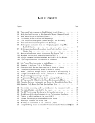 List of Figures
Figure Page
2.1 Turn-based battle system in Final Fantasy Mystic Quest . . . . . . . . . 4
2.2 Real-time battle system in The Legend of Zelda: Skyward Sword . . . . 4
2.3 Boss battle action in Rayman Advance . . . . . . . . . . . . . . . . . . . 5
2.4 Platforming action in Sonic the Hedgehog 4 . . . . . . . . . . . . . . . . 5
2.5 Text based adventure game Phoenix Wright: Ace Attourney . . . . . . 6
2.6 Point and click adventure game Grim Fandango . . . . . . . . . . . . . . 6
2.7 Action game mechanics from the role-playing game Mega Man
Battle Network . . . . . . . . . . . . . . . . . . . . . . . . . . . . . . 7
2.8 Action game mechanics from a turn-based battle in Paper Mario:
Sticker Star . . . . . . . . . . . . . . . . . . . . . . . . . . . . . . . . 7
2.9 An educational game about pioneers on the Oregon Trail . . . . . . . . 8
2.10 A calorie burning hula hoop mini-game in Wii Fit . . . . . . . . . . . . 8
2.11 4-player cooperation in the sandbox world of Little Big Planet . . . . . 9
2.12 Exploring the sandbox environment of Minecraft . . . . . . . . . . . . . 9
3.1 3rd-Person Shooting Action in Math Blaster . . . . . . . . . . . . . . . . 12
3.2 Shooting Lymphoma Cells in Re-Mission . . . . . . . . . . . . . . . . . . 12
3.3 Geography and History Quiz questions in Mario is Missing . . . . . . . 13
3.4 Uninteresting Platforming Action in Mario is Missing . . . . . . . . . . 13
3.5 Battle Commands Being Executed by Gambits in Final Fantasy XII . . 14
3.6 Using Gambits to Execute Battle Commands in Final Fantasy XII . . . 14
3.7 Programming puzzle in Light-Bot 2.0 . . . . . . . . . . . . . . . . . . . 15
3.8 Programming Using a Sensory Based Language in Kodu . . . . . . . . . 16
3.9 A Programmable Object in the Game Environment of Kodu . . . . . . . 16
3.10 Choosing Between Unityscript and Javascript Tutorials in Code Hero . 17
3.11 Shooting Code From the Code Ray in Code Hero . . . . . . . . . . . . . 17
4.1 The central processing unit who watches over the computer world . . . 20
4.2 The digital knight controlled by the player . . . . . . . . . . . . . . . . . 20
4.3 The CPU addressing the player in the introductory scene . . . . . . . . 20
4.4 Breakdown of the visual elements in the Architecture Simulator . . . . . 22
4.5 Talking to a Process Bot on the central HUB . . . . . . . . . . . . . . . 23
4.6 Viruses that the player must defeat during battle . . . . . . . . . . . . . 25
4.7 Battling a Virus on the Battle Disk . . . . . . . . . . . . . . . . . . . . . 26
4.8 A variety of Commands in the Command Queue . . . . . . . . . . . . . 27
4.9 Using the Swap Macro to swap two Commands in the Command Queue 28
iv
 