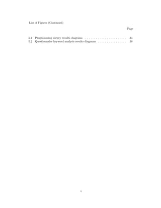 List of Figures (Continued)
Page
5.1 Programming survey results diagrams . . . . . . . . . . . . . . . . . . . 34
5.2 Questionnaire keyword analysis results diagrams . . . . . . . . . . . . . 36
v
 