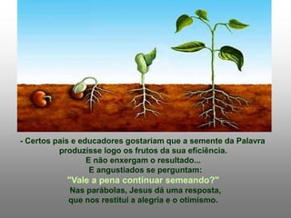 - Certos pais e educadores gostariam que a semente da Palavra
produzisse logo os frutos da sua eficiência.
E não enxergam o resultado...
E angustiados se perguntam:
"Vale a pena continuar semeando?"
Nas parábolas, Jesus dá uma resposta,
que nos restitui a alegria e o otimismo.
 