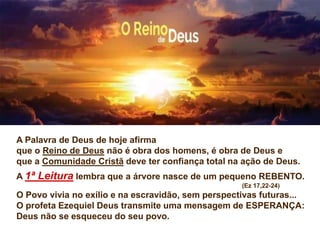 A Palavra de Deus de hoje afirma
que o Reino de Deus não é obra dos homens, é obra de Deus e
que a Comunidade Cristã deve ter confiança total na ação de Deus.
A 1ª Leitura lembra que a árvore nasce de um pequeno REBENTO.
(Ez 17,22-24)
O Povo vivia no exílio e na escravidão, sem perspectivas futuras...
O profeta Ezequiel Deus transmite uma mensagem de ESPERANÇA:
Deus não se esqueceu do seu povo.
 