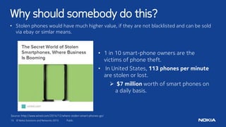 15 © Nokia Solutions and Networks 2015
• Stolen phones would have much higher value, if they are not blacklisted and can be sold
via ebay or simlar means.
Why should somebody do this?
Public
Source: http://www.wired.com/2014/12/where-stolen-smart-phones-go/
• 1 in 10 smart-phone owners are the
victims of phone theft.
• In United States, 113 phones per minute
are stolen or lost.
 $7 million worth of smart phones on
a daily basis.
 