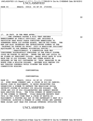 UNCLASSIFIED U.S. Depart —--'-'"'-'- —- "'- "005-03114 Doc No. C18590845 Date: 08/16/2012
UNCLASSIFIED
PAGE 03 BRASIL 05514 04 OF 06 272035Z
B1
17. IN FACT, IN THE WEEK AFTER
~FEE CONGRESS PASSED A BILL YEAS DEFINES
EMBEZZLEMENT BY PUBLIC OFFICIALS, AND INCLUDES A
PROVISION THAT WOULD FORCE CONVICTED EMBEZZLERS TO
SURRENDER THEIR ILL-GOTTEN ASSETS, AND/OR PAY FINES. THE
NEW LAW ALSO INCREASES THE INVESTIGATORY POWERS OF THE
"TRIBUNAL DE CONTAS DA UNIAOU (TCU--A BRAZILIAN JUDICIARY
EQDIPALENY YQ QDR GENERAL ACCQDNYING OFFICE) .~~YRllDIYIQNALLY, A CQBRDPYIQN CASE EAS
CONSIDERED SUCCESSFULLY CONCLUDED IF THE PUBLIC FIGURE
COULD BE FORCED TO RESIGN. UNDER THE NEW LAW (STILL TO
BE SIGNED BY PRESIDENT COLLOR), MAGRI WOULD HAVE TO GIVE
BACK THE 30,000 DOLLARS, PLUS ANY OTHER ASSETS HE
OBTAINED ON THE SLY--ESTIMATED BY UVEJAU MAGAZINE TO BE
WORTH OVER A MILLION DOLLARS. ANOTHER BILL MAKING ITS
WAY THROUGH CONGRESS WOULD TIGHTEN THE RULES ON
COMPETITIVE BIDDING.
B1
CONFIDENTIAL
CONFIDENTIAL
PAGE 04 BRASIL 05514 04 OF 06 272035Z
18. EVEN UNDER CURRENT LAW, A JUDGE IN RIO DE JANEIRO,
NESTOR JOSE DO NASCIMENTO, IS BEING PROSECUTED FOR
ORGANIZING A SCHEME TO DEFRAUD THE BRAZILIAN SOCIAL
SECURITY SYSTEM OF ROUGHLY 150 MILLION DOLLARS. THE
JUDGE AND SIX OF HIS COLLABORATORS ARE ALREADY BEHIND
BARS AWAITING TRIAL. THE TOTAL NUMBER OF BENEFICIARIES
OF THE SCHEME IS UNKNOWN. VISAO MAGAZINE REPORTS THAT
THIS IS THE FIRST TIME THAT A JUDGE OF NESTOR DO
NASCIMENTO'S STATURE HAS SAT IN THE DEFENDANT'S SEAT IN A
COURTROOM, ALTHOUGH A NUMBER OF LOWER JUDGES AND LAWYERS
WERE JAILED LAST YEAR FOR SIMILAR OFFENSES INVOLVING THE
UNCLASSIFIED
UNCLASSIFIED U.S. Department of State Case No. F-2005-03114 Doc No. C18590845 Date: 08/16/2012
 