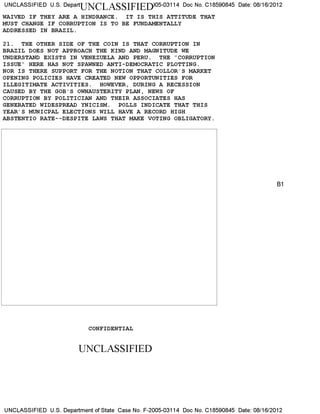UNCLASSIFIED U.S. DepartUNCLASSIFIED)05-03114 Doc No. C18590845 Date: 08/16/2012
WAIVED IF THEY ARE A HINDRANCE. IT IS THIS ATTITUDE THAT
MUST CHANGE IF CORRUPTION IS TO BE FUNDAMENTALLY
ADDRESSED IN BRAZIL.
21. THE OTHER SIDE OF THE COIN IS THAT CORRUPTION IN
BRAZIL DOES NOT APPROACH THE KIND AND MAGNITUDE WE
UNDERSTAND EXISTS IN VENEZUELA AND PERU. THE "CORRUPTION
ISSUE" HERE HAS NOT SPAWNED ANTI-DEMOCRATIC PLOTTING.
NOR IS THERE SUPPORT FOR THE NOTION THAT COLLOR'S MARKET
OPENING POLICIES HAVE CREATED NEW OPPORTUNITIES FOR
ILLEGITIMATE ACTIVITIES. HOWEVER, DURING A RECESSION
CAUSED BY THE GOB'S OWNAUSTERITY PLAN, NEWS OF
CORRUPTION BY POLITICIAN AND THEIR ASSOCIATES HAS
GENERATED WIDESPREAD YNICISM. POLLS INDICATE THAT THIS
YEAR'S MUNICPAL ELECTIONS WILL HAVE A RECORD HIGH
ABSTENTIO RATE--DESPITE LAWS THAT MAKE VOTING OBLIGATORY.
B1
CONFIDENTIAL
UNCLASSIFIED
UNCLASSIFIED U.S. Department of State Case No. F-2005-03114 Doc No. C18590845 Date: 08/16/2012
 