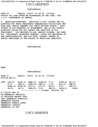 UNCLASSIFIED U.S. Department of State Case No. F-2005-03114 Doc No. C18590845 Date: 08/16/2012
UNCLASSIFIED
CONFIDENTIAL
PAGE 04 BRASIL 05514 02 OF 06 272034Z
OFFICE TOO LONG AFTER HE MISBEHAVED AT THE JUNE, 1991
I.L.O. CONFERENCE IN GENEVA.
9. NEPOTISM/SINECURES: NEPOTISM IS NOT ILLEGAL PER SE,
ALTHOUGH THE PRESS FREQUENTLY EMBARRASSES POLITICIANS WHO
HIRE MANY FAMILY MEMBERS FOR THEIR PRIVATE STAFFS. THIS
OCCURS IN ALL BRANCHES OF GOVERNMENT, AND AT ALL LEVELS,
ALTHOUGH COLLOR HAS NOT ABUSED THE PRACTICE IN HIS
PRESIDENCY. HIS BROTHER-IN-LAW, MARCOS COIMBRA, HAS BEEN
HIS "PRESIDENCY SECRETARY-GENERAL" SINCE THE BEGINNING OF
THE ADMINISTRATION, AND HIS WIFE, ROSANE, SERVED AS
UNPAID PRESIDENT OF THE LEAGUE OF BRAZILIAN CHARITIES.
CONFIDENTIAL
NNNN
CONFIDENTIAL
PAGE 01
ACTION ARA-01
BRASIL 05514 03 OF 06 272035Z
INFO LOG-00
H-01
NSAE —00
SP-01
ACDA-15 AMAD-01
INM-01 INRE-00
NSCE —00 OIG-01
SS-01 TRSE —00
CIAE-00 C-01 DODE-00
INR-01 L-03 ADS-00
OIS-01 PM-01 P-01
T-01 FMP-01 IMIS-01
------------------3758AA 280039Z /38
HA-09
MMP-01
SNP-01
/044W
R 272033Z MAY 92
FM AMEMBASSY BRASILIA
TO SECSTATE WASHDC 0486
INFO AMEMBASSY ASUNCION
AMEMBASSY BOGOTA
AMEMBASSY BUENOS AIRES
AMEMBASSY CARACAS
AMEMBASSY LA PAZ
UNCLASSIFIED
UNCLASSIFIED U.S. Department of State Case No. F-2005-03114 Doc No. C18590845 Date: 08/16/2012
 