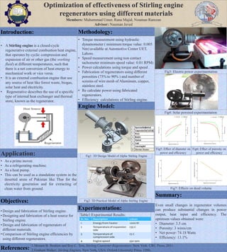 Optimization of effectiveness of Stirling engine
regenerators using different materials
Members: Muhammad Umer, Rana Majid, Nouman Ramzan
Advisor: Nauman Javed
Introduction:
• A Stirling engine is a closed-cycle
regenerative external combustion heat engine,
that operates by cyclic compression and
expansion of air or other gas (the working
fluid) at different temperatures, such that
there is a net conversion of heat energy to
mechanical work or vice versa.
• It is an external combustion engine that use
any source of heat like forest waste, biogas,
solar heat and electricity.
• Regenerative describes the use of a specific
type of internal heat exchanger and thermal
store, known as the regenerator.
Objectives:
• Design and fabrication of Stirling engine.
• Designing and fabrication of a heat source for
Stirling engine.
• Design and fabrication of regenerators of
different materials.
• Comparison of Stirling engine efficiencies by
using different regenerators.
Methodology:
• Torque measurement using hydraulic
dynamometer ( minimum torque value: 0.005
Nm) available at Automotive Center UET,
Lahore.
• Speed measurement using non contact
tachometer minimum speed value: 0.01 RPM)
• Power calculations using torque and speed .
• Fabrication of regenerators using different
porosities (75% to 90% ) and number of
screens of wire mesh of Aluminum, copper,
stainless steel.
• Re calculate power using fabricated
regenerators.
• Effeciency calculations of Stirling engine.
Engine Model:
Experimentation:
Fig1: 3D Design Model of Alpha Stirling Engine
Fig2: 3D Practical Model of Alpha Stirling Engine
Table1:Experimental Results:
Fig4: Solar powered experimentation
1.Mounir B. Ibrahim and Roy C. Tew, Stirling Converter Regenerators. New York: CRC Press, 2011.
2.Graham Walker, Stirling Engines. New York, USA: Oxford University Press, 1980.References:
Summary:
Even small changes in regenerator volumes
can produce substantial changes in power
output, heat input and efficiency. The
optimum values obtained were:
• Diameter: 3.5 cm
• Porosity: 3 wires/cm
• Net power: 74.18 Watts
• Efficiency: 13.1%
Fig5: Effect of diameter on
power and efficiency
Fig6: Effect of porosity on
power and efficiency
Fig7: Effects on dead volume
Application:
• As a prime mover.
• As a refrigerating machine.
• As a heat pump.
• This can be used as a standalone system in the
deserted areas of Pakistan like Thar for the
electricity generation and for extracting of
clean water from ground.
Fig3: Electric power experimentation
 