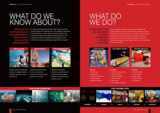 REVIEW 2016 – YOUR QUESTIONS ANSWERED
INTELLIGENT ENGINEERING
REVIEW 2016 – YOUR QUESTIONS ANSWERED
INTELLIGENT ENGINEERING2 3
WHAT DO WE
KNOW ABOUT?
WHAT DO
WE DO?
INSTALLATION,
MAINTENANCE AND
DECOMMISSIONING
OPERATIONS IN
CHALLENGING
ENVIRONMENTS
DELIVER SOLUTIONS
AND EQUIPMENT
TO ENABLE
SUCCESSFUL
PROJECT
EXECUTION
Our highly skilled engineering team has a broad range of experience
covering all aspects of a project life cycle – from installation, maintenance
to decommissioning – across a range of industries. With both hands
on operational experience and equipment design expertise, we have
a wealth of hard earned knowledge that can be applied to quickly
understand your project constraints and provide high impact support.
Our core expertise relates to the development and testing of high
integrity, bespoke equipment, typically for product handling or remote
intervention in a harsh environment. We can provide a range of services
to suit specific project requirements from consultancy, through the
manufacture of innovative equipment to qualification testing. As a
technology development partner selling innovation, all new IP developed
is owned by the client.
Including:
• FEED studies
• Market studies
• Procedure development
• Trouble shooting
• Design & FE Analysis
Including:
• Offshore & subsea Clamps
• Subsea hardware
• Handling equipment
• Bespoke tooling
• ROV tooling
• Project specific equipment
Including:
• Functional testing
• Life cycle testing
• Friction testing
• Pressure testing
• Drop testing
OUR CORE EXPERTISE OUR CAPABILITIES
Seabed to surface expertise with
extensive knowledge of offshore
installation operations in harsh
environments.
Engineering trouble shooting
and remote intervention
operations to ensure that asset
downtime is minimised.
Managing the challenges,
technical uncertainties and risks
of decommissioning assets in
hazardous environments after a
life time in service.
INSTALLATION MAINTENANCE DECOMMISSIONING CONSULTANCY EQUIPMENT SUPPLY TESTING SERVICES
CONCEPT DESIGN BUILD TESTING SUPPORT
 