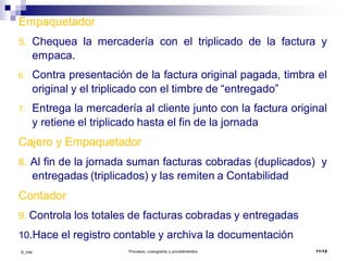 ©_mta Procesos, cursograma y procedimientos 11/12
Empaquetador
5. Chequea la mercadería con el triplicado de la factura y
empaca.
6. Contra presentación de la factura original pagada, timbra el
original y el triplicado con el timbre de “entregado”
7. Entrega la mercadería al cliente junto con la factura original
y retiene el triplicado hasta el fin de la jornada
Cajero y Empaquetador
8. Al fin de la jornada suman facturas cobradas (duplicados) y
entregadas (triplicados) y las remiten a Contabilidad
Contador
9. Controla los totales de facturas cobradas y entregadas
10.Hace el registro contable y archiva la documentación
 