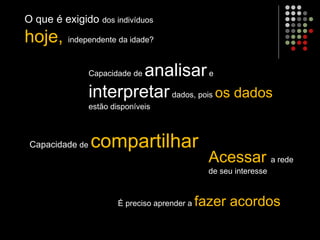 O que é exigido dos indivíduos
hoje, independente da idade?
É preciso aprender a fazer acordos
Capacidade de compartilhar
Capacidade de analisare
interpretardados, pois os dados
estão disponíveis
Acessar a rede
de seu interesse
 