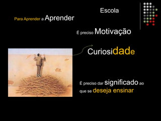 Para Aprender a Aprender
É preciso Motivação
É preciso dar significadoao
que se deseja ensinar
Curiosidade
Escola
 