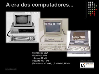 A era dos computadores...
1985 - PC XT
IBM PS/2-50 - 1987
Link para o Museu
marisac@pucsp.br
Toshiba T3200
SX - 1986/1989
Memória de 639K
clock de 10 MHz
HD com 21 MB
disquete de 3" 1/2
(formatadas a 720 KB, 1,2 MB ou 1,44 MB
 