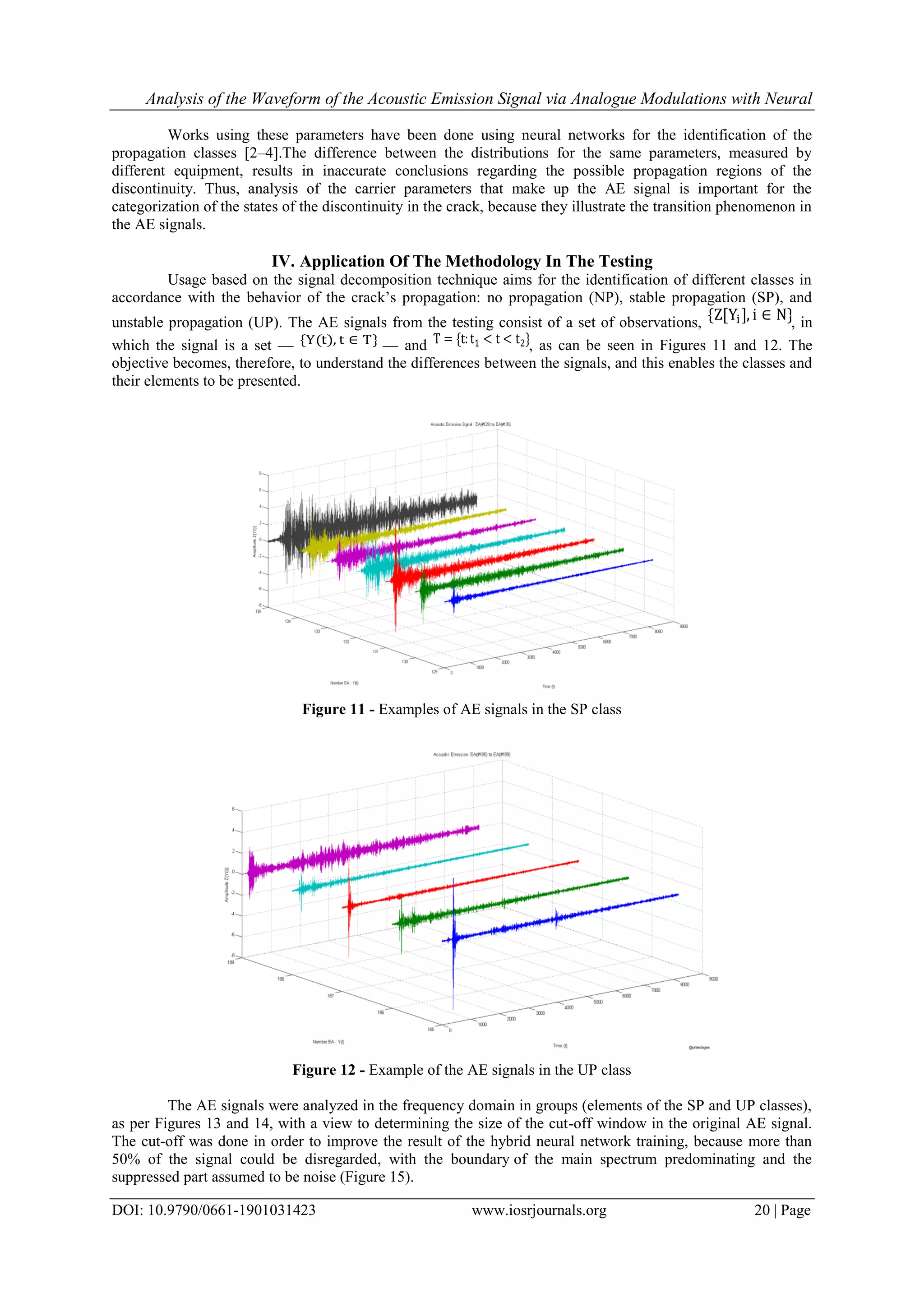 Analysis of the Waveform of the Acoustic Emission Signal via Analogue Modulations with Neural
DOI: 10.9790/0661-1901031423 www.iosrjournals.org 20 | Page
Works using these parameters have been done using neural networks for the identification of the
propagation classes [2–4].The difference between the distributions for the same parameters, measured by
different equipment, results in inaccurate conclusions regarding the possible propagation regions of the
discontinuity. Thus, analysis of the carrier parameters that make up the AE signal is important for the
categorization of the states of the discontinuity in the crack, because they illustrate the transition phenomenon in
the AE signals.
IV. Application Of The Methodology In The Testing
Usage based on the signal decomposition technique aims for the identification of different classes in
accordance with the behavior of the crack’s propagation: no propagation (NP), stable propagation (SP), and
unstable propagation (UP). The AE signals from the testing consist of a set of observations, , in
which the signal is a set — — and , as can be seen in Figures 11 and 12. The
objective becomes, therefore, to understand the differences between the signals, and this enables the classes and
their elements to be presented.
Figure 11 - Examples of AE signals in the SP class
Figure 12 - Example of the AE signals in the UP class
The AE signals were analyzed in the frequency domain in groups (elements of the SP and UP classes),
as per Figures 13 and 14, with a view to determining the size of the cut-off window in the original AE signal.
The cut-off was done in order to improve the result of the hybrid neural network training, because more than
50% of the signal could be disregarded, with the boundary of the main spectrum predominating and the
suppressed part assumed to be noise (Figure 15).
 