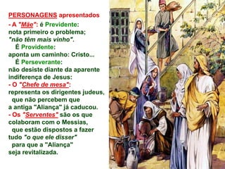 PERSONAGENS apresentados
- A "Mãe": é Previdente:
nota primeiro o problema;
"não têm mais vinho".
É Providente:
aponta um caminho: Cristo...
É Perseverante:
não desiste diante da aparente
indiferença de Jesus:
- O "Chefe de mesa":
representa os dirigentes judeus,
que não percebem que
a antiga "Aliança" já caducou.
- Os "Serventes" são os que
colaboram com o Messias,
que estão dispostos a fazer
tudo "o que ele disser"
para que a "Aliança"
seja revitalizada.
 