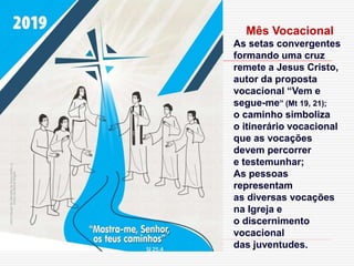 Mês Vocacional
As setas convergentes
formando uma cruz
remete a Jesus Cristo,
autor da proposta
vocacional “Vem e
segue-me” (Mt 19, 21);
o caminho simboliza
o itinerário vocacional
que as vocações
devem percorrer
e testemunhar;
As pessoas
representam
as diversas vocações
na Igreja e
o discernimento
vocacional
das juventudes.
 