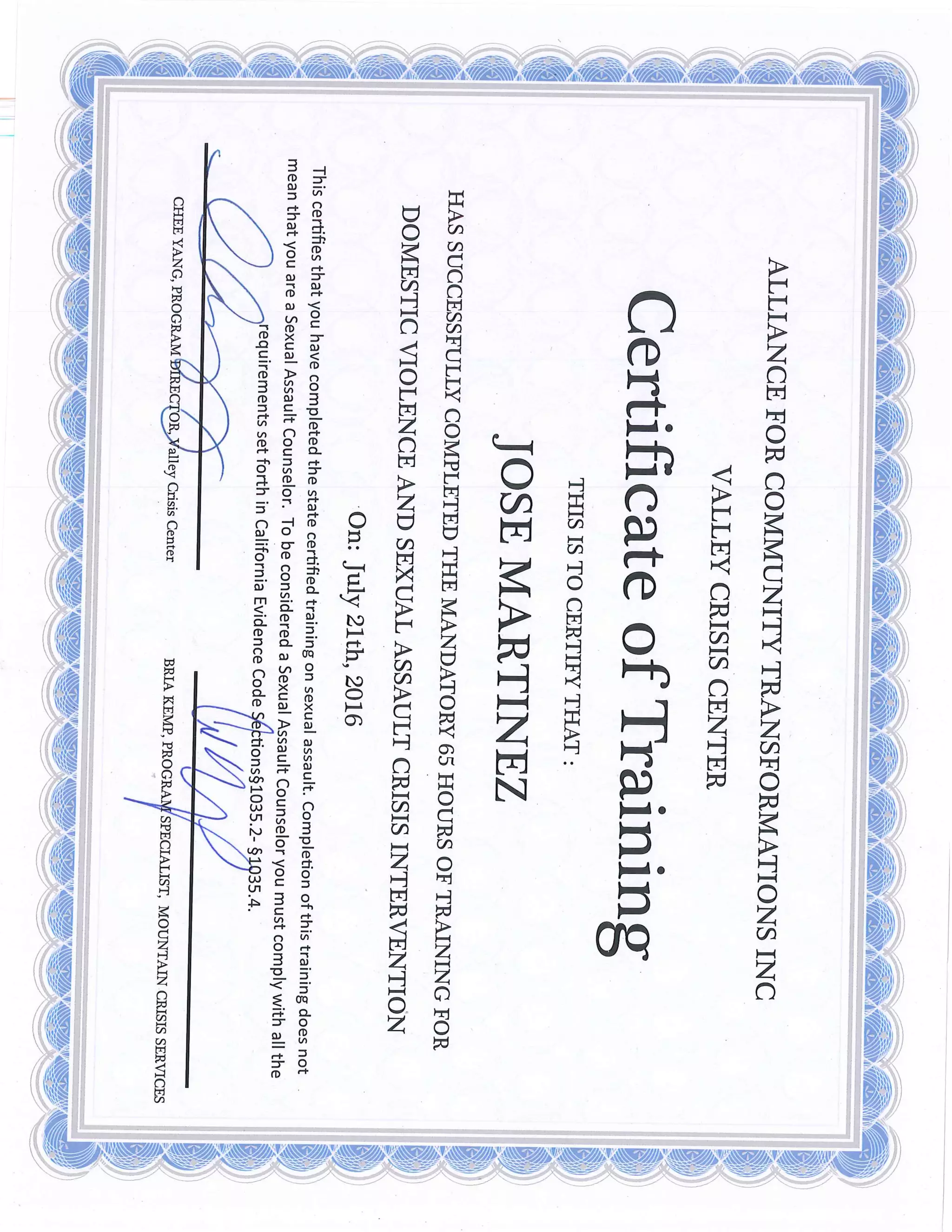 Jose Martinez Certificate of Training DVSA | PDF